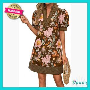 Boho Summer V-Neck Shift Dress Puff Sleeves Casual Beach Vacation with Pockets